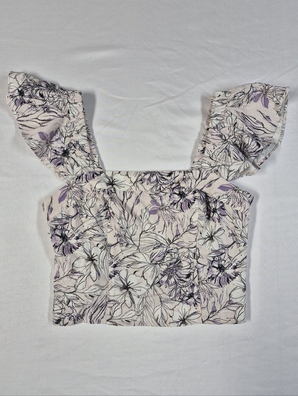 Express Purple White Floral Square Neck Crop Top M Ruffle Shoulder Strap Blouse